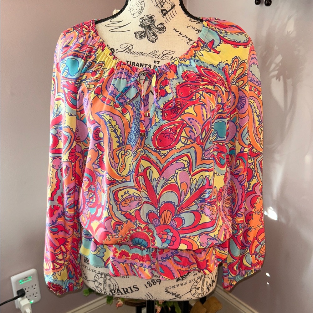 Lily Pulitzer 100% silk Retro ballon sleeved blouse size Small